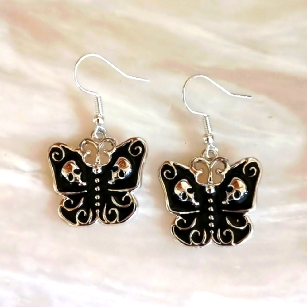 Black And Silver Gothic Butterfly With Skull Earrings